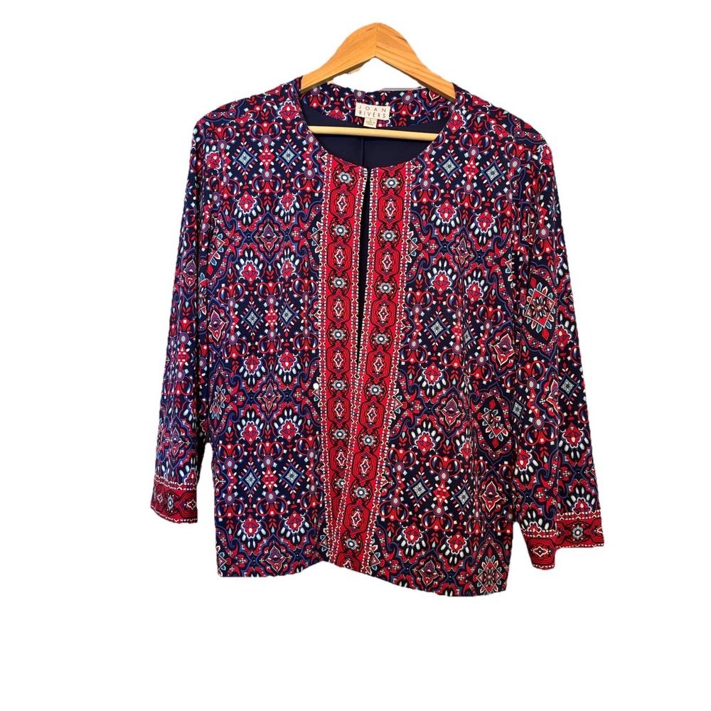 Joan Rivers Navy & Red Persian Pattern Open Cardigan Jacket Poly‎ Spandex Large